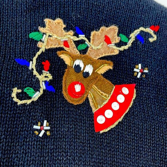 Vintage Christmas Reindeer Sweater Party Embellished Zip Front Cardigan Size S - Picture 9 of 12